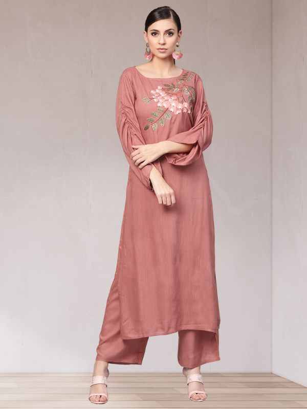 Rose Gold Embroided Straight Kurta With Palazzo Pants