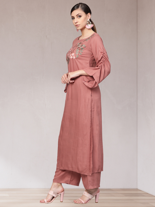 Rose Gold Embroided Straight Kurta With Palazzo Pants