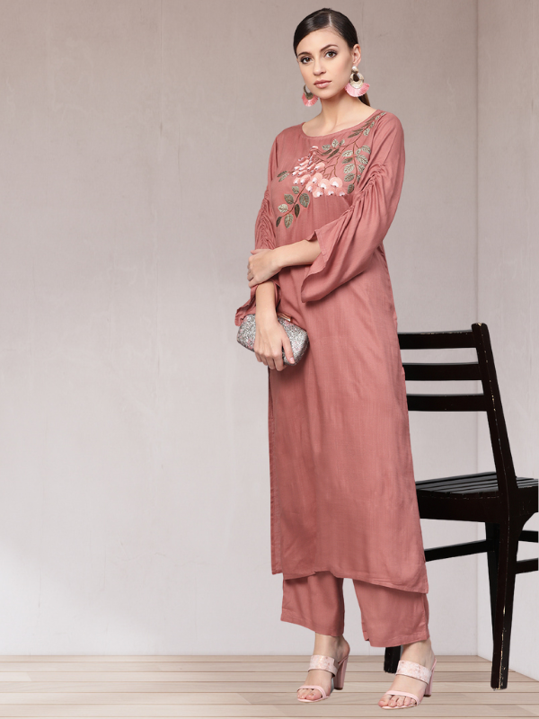 Idalia Rose Gold Embroided Straight Kurta With Palazzo Pants
