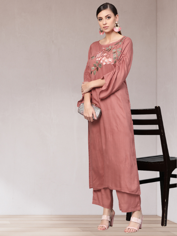 Rose Gold Embroided Straight Kurta With Palazzo Pants