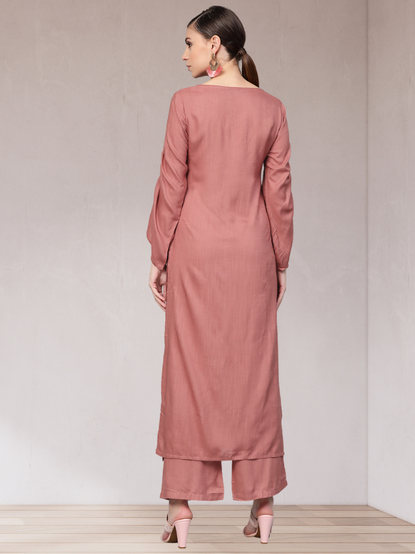 Idalia Rose Gold Embroided Straight Kurta With Palazzo Pants