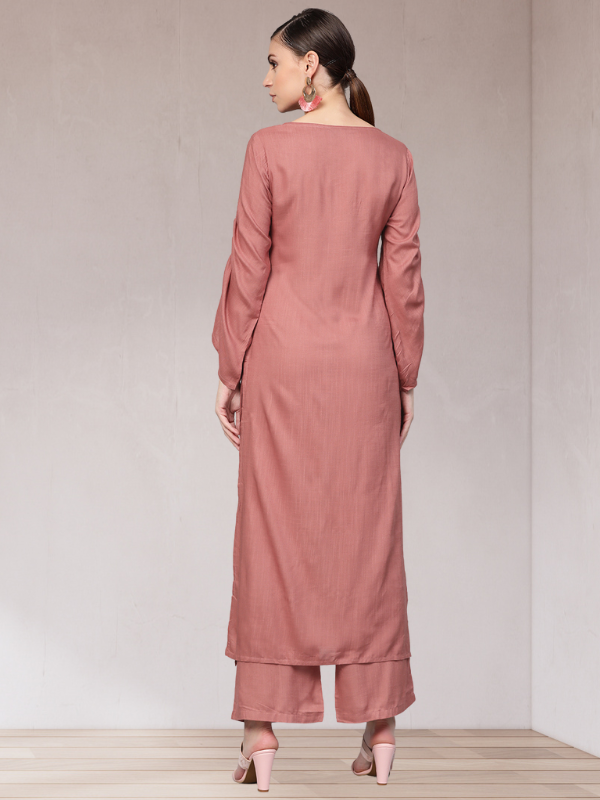 Rose Gold Embroided Straight Kurta With Palazzo Pants