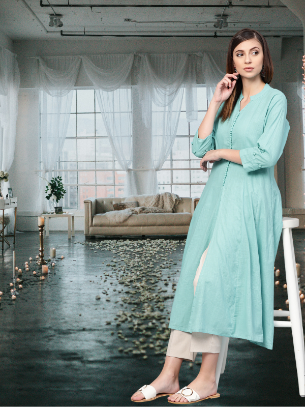 Idalia Blue Cotton Kurta with Palazzo Pant for Women