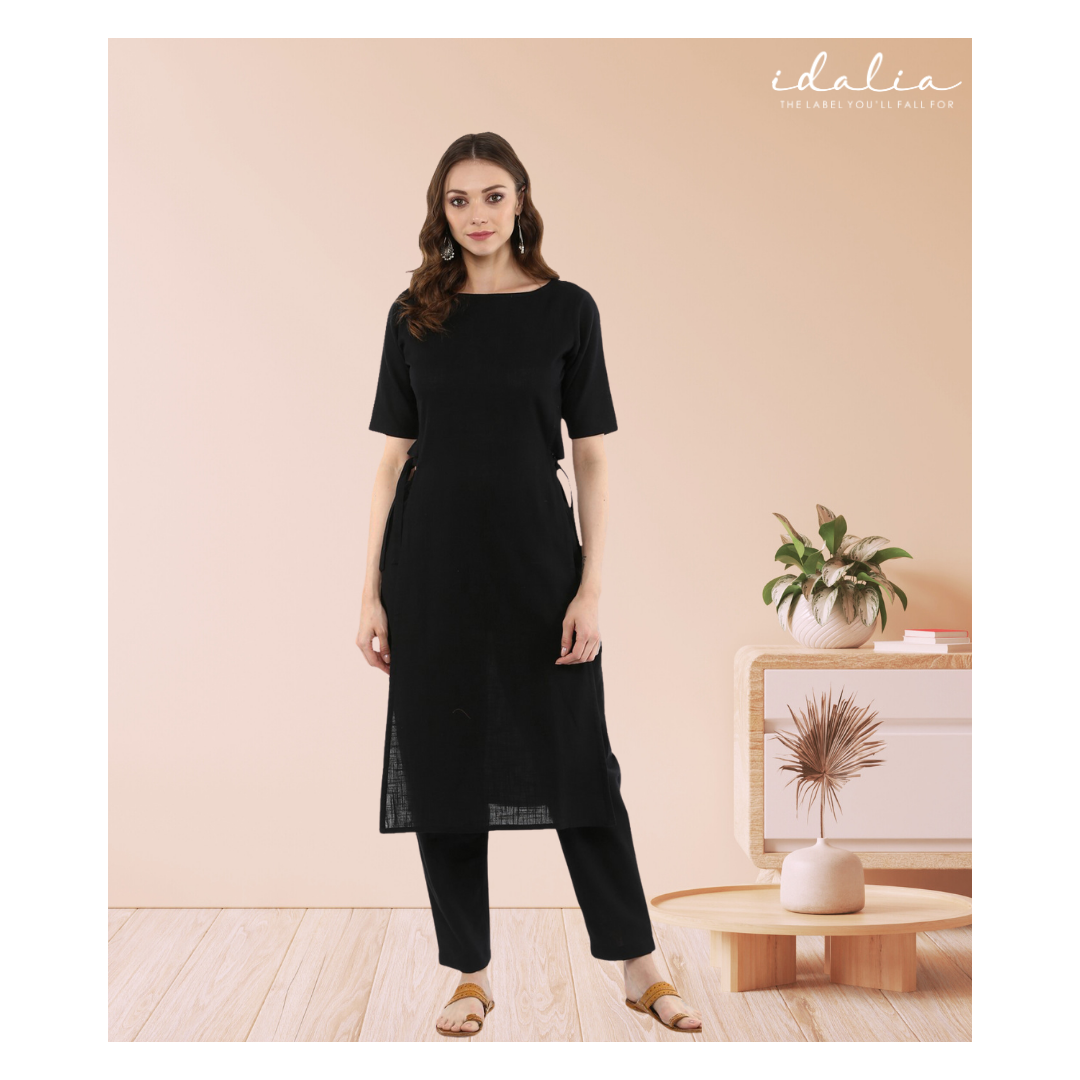 Idalia Solid Straight Black Kurta Set with Pant