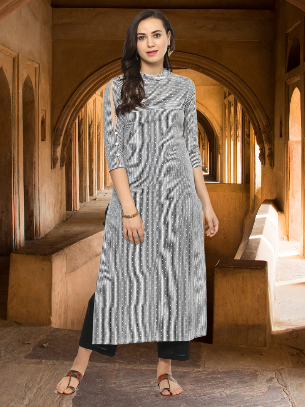 Dotted Striped Black & White Straight Kurta
