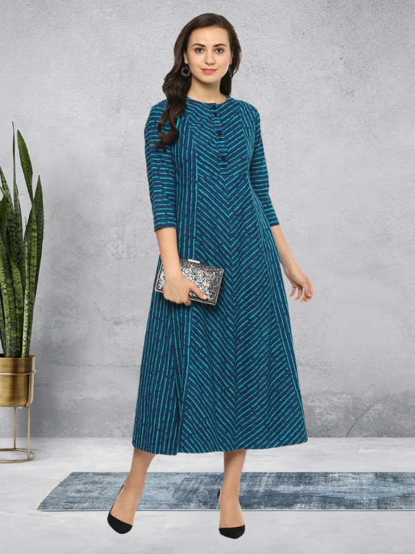 Idalia Teal Blue Striped Flared Dress