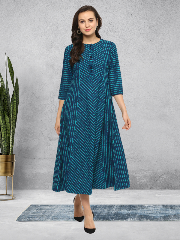 Idalia Teal Blue Striped Flared Dress