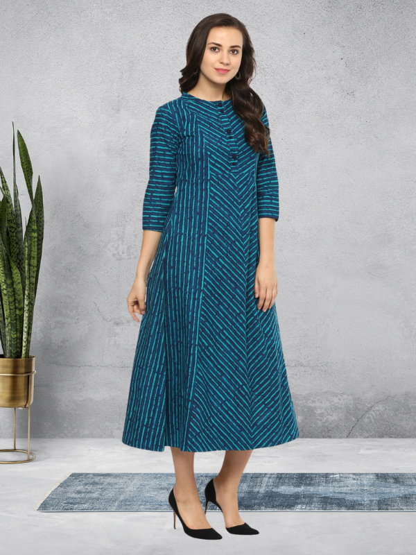 Idalia Teal Blue Striped Flared Dress