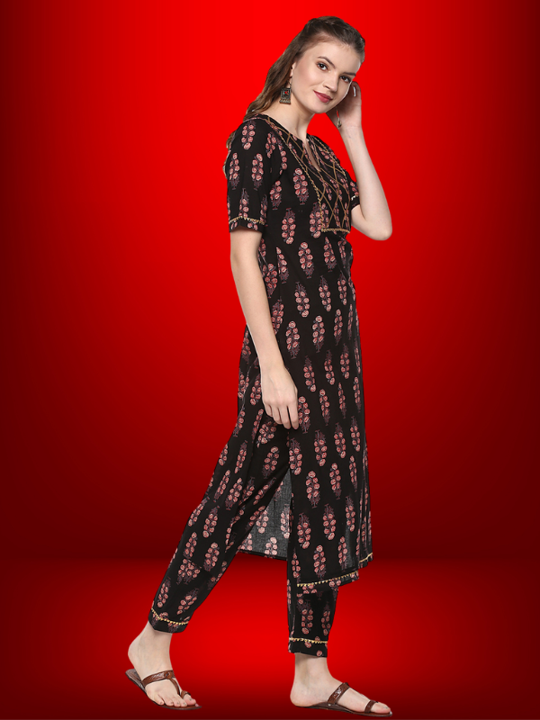 Black Printed Cotton Kurta Set