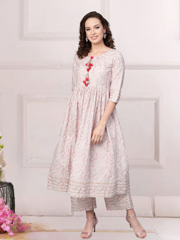 Baby Pink Printed Flared Kurta Set