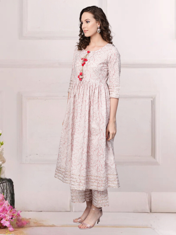 Baby Pink Printed Flared Kurta Set