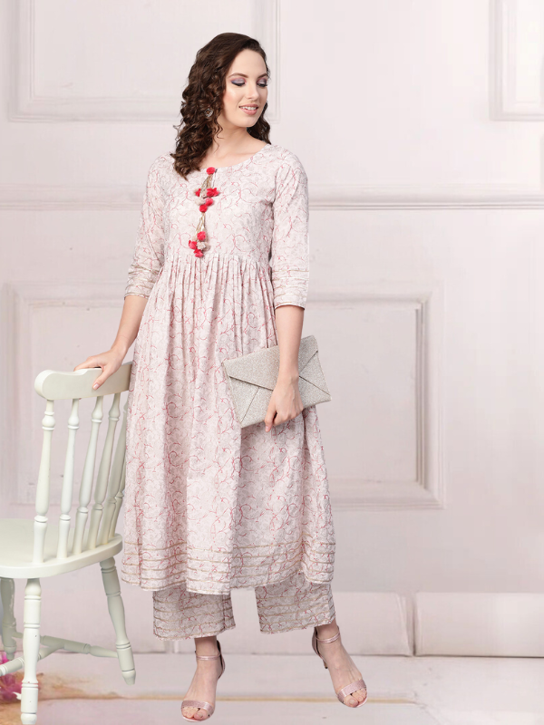 Baby Pink Printed Flared Kurta Set