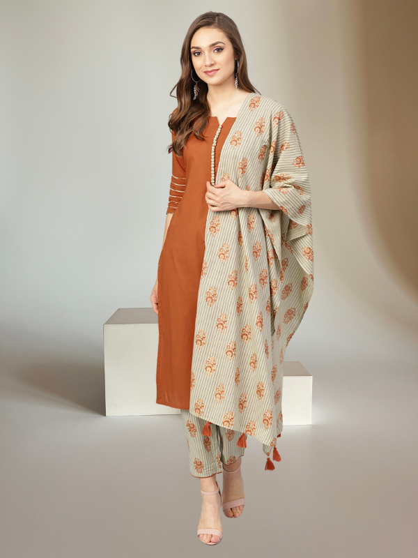 Rust Kurta With Printed Pants And Dupatta