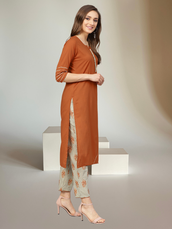 Rust Kurta With Printed Pants And Dupatta