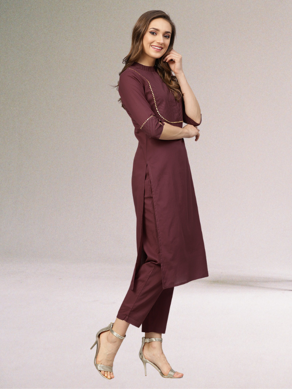 Idalia Maroon Cotton Kurta With Palazzo Pants and Printed Dupatta