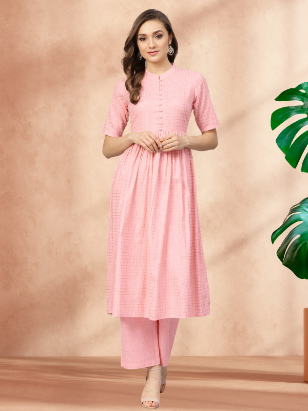 Idalia Womens Baby Pink Gold Printed Flared Cotton Kurta Set with Pant