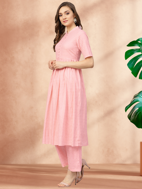 Idalia Womens Baby Pink Gold Printed Flared Cotton Kurta Set with Pant