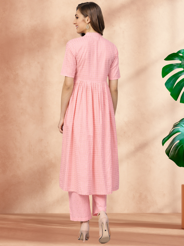Idalia Womens Baby Pink Gold Printed Flared Cotton Kurta Set with Pant