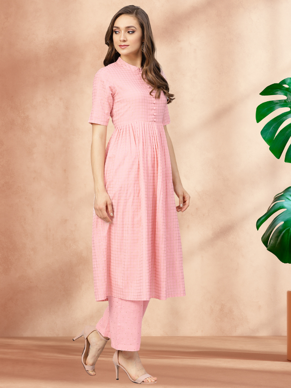 Idalia Womens Baby Pink Gold Printed Flared Cotton Kurta Set with Pant