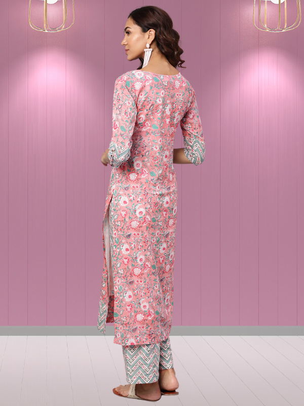Idalia Women's Turquoise and Pink Floral Printed Straight Cotton Kurta Set with Palazzo Pant