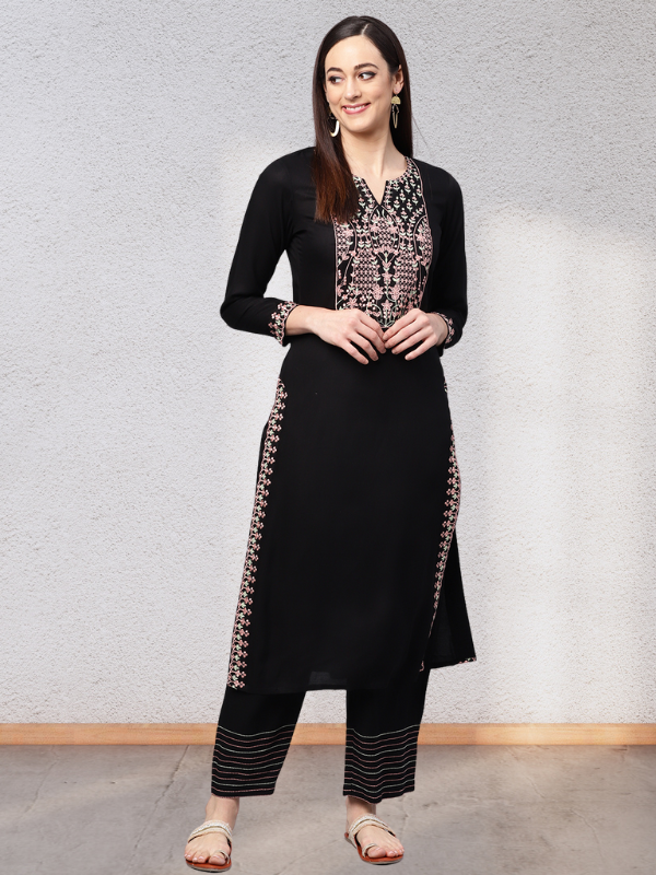 Embroidered Black Kurta With Palazzo Pants