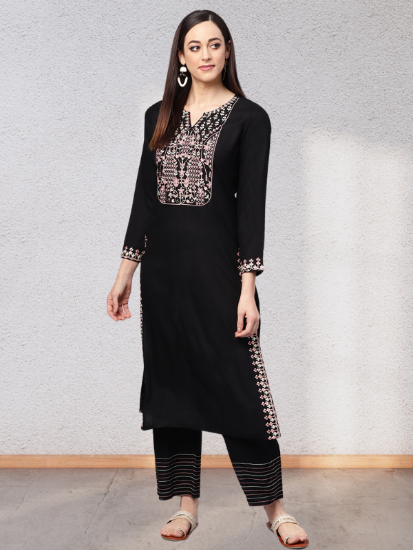 Embroidered Black Kurta With Palazzo Pants