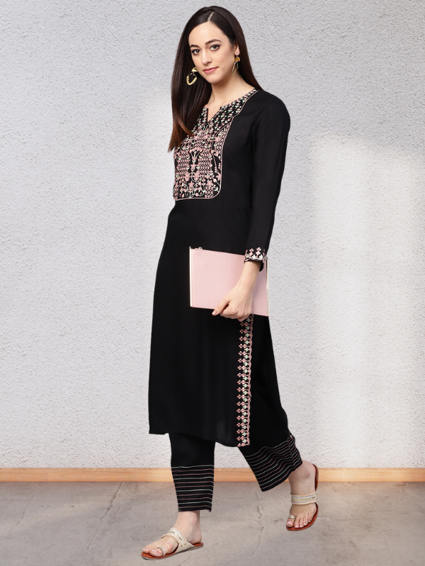 Embroidered Black Kurta With Palazzo Pants