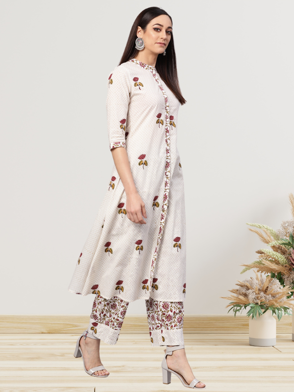 Idalia Women's Off White Hand Block Printed Cotton A-line Kurta Set with Palazzo Pant