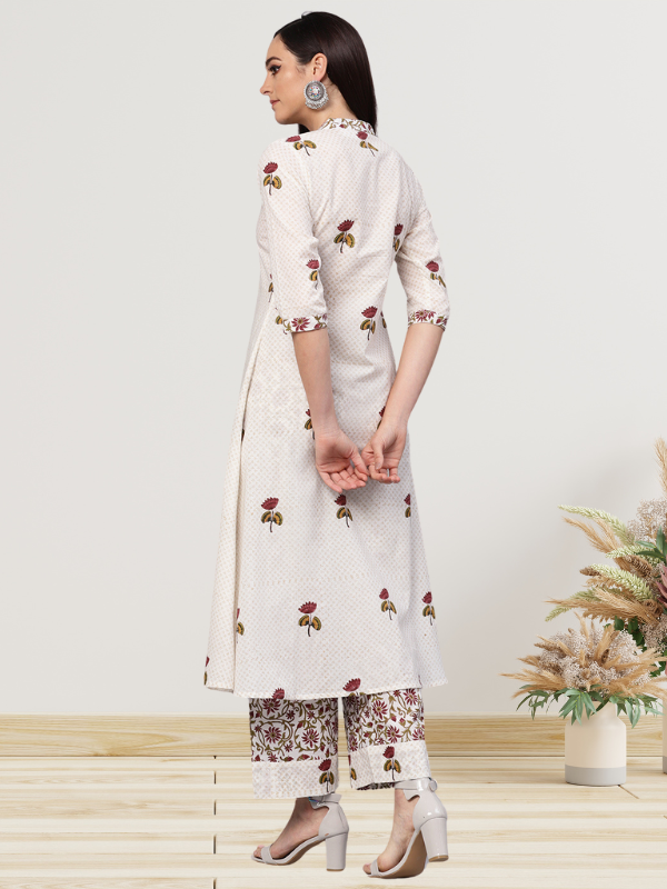 Idalia Women's Off White Hand Block Printed Cotton A-line Kurta Set with Palazzo Pant