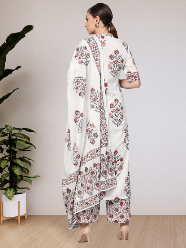 Idalia White Floral Booti Kurta With Dupatta & Printed Palazzo Pants