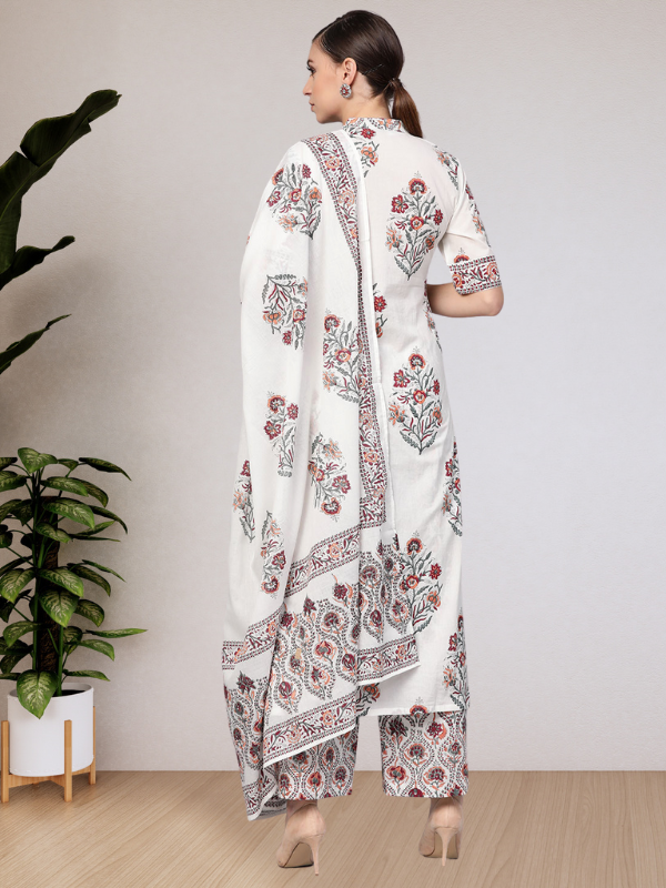 White Floral Booti Kurta With Dupatta & Printed Palazzo Pants