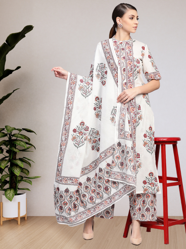 Idalia White Floral Booti Kurta With Dupatta & Printed Palazzo Pants