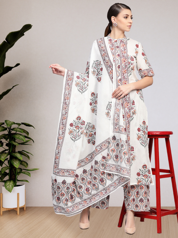 White Floral Booti Kurta With Dupatta & Printed Palazzo Pants