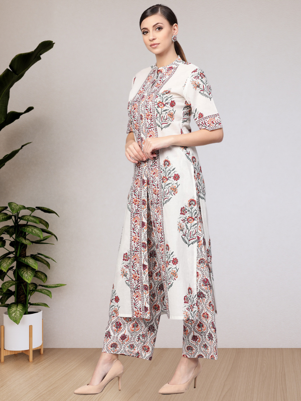 Idalia White Floral Booti Kurta With Dupatta & Printed Palazzo Pants