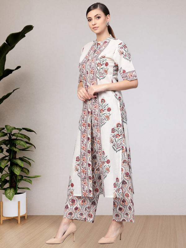 White Floral Booti Kurta With Dupatta & Printed Palazzo Pants