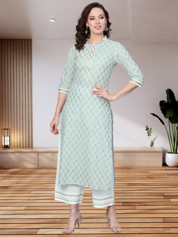 Idalia Sky Blue Khari Gold Print Kurta Set