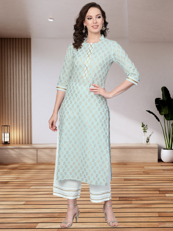 Sky Blue Khari Gold Print Kurta Set