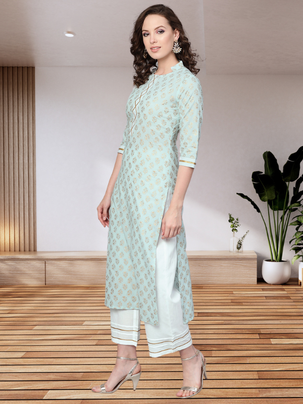 Idalia Sky Blue Khari Gold Print Kurta Set