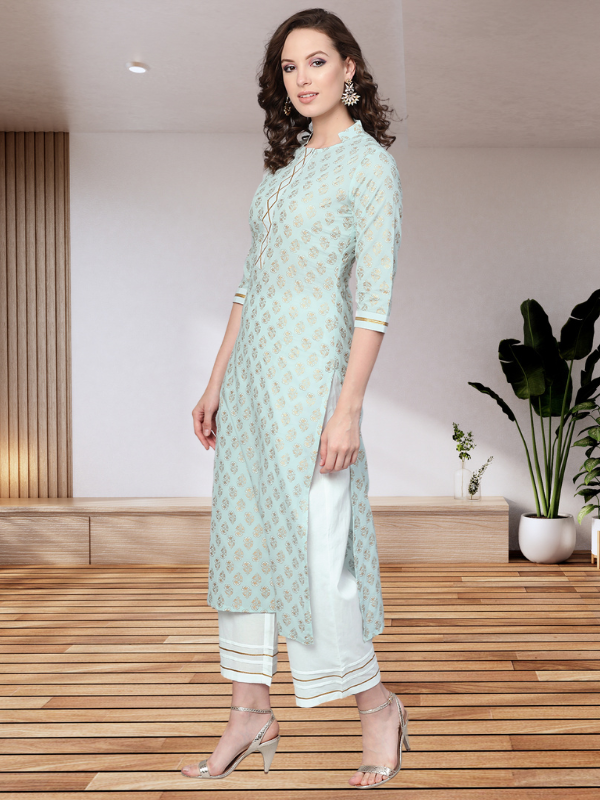 Sky Blue Khari Gold Print Kurta Set