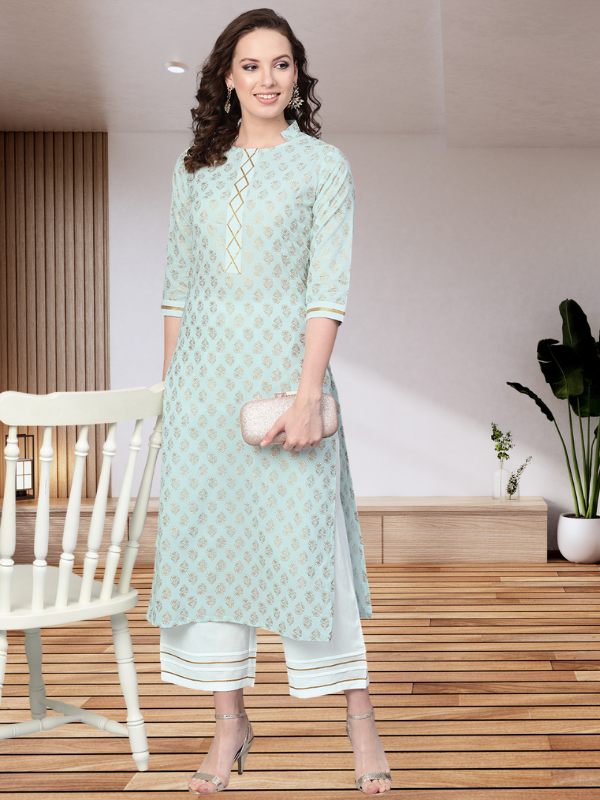 Idalia Sky Blue Khari Gold Print Kurta Set