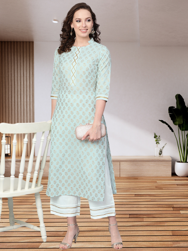 Sky Blue Khari Gold Print Kurta Set