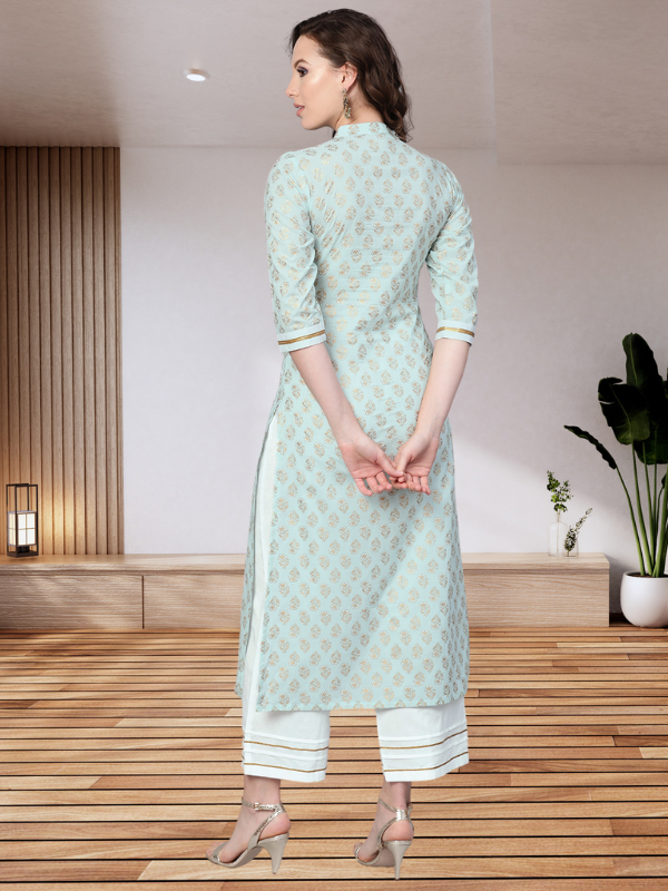 Sky Blue Khari Gold Print Kurta Set