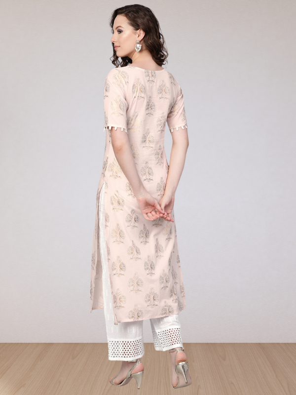 Gold Print Kurta With Schiffli Palazzo Pant