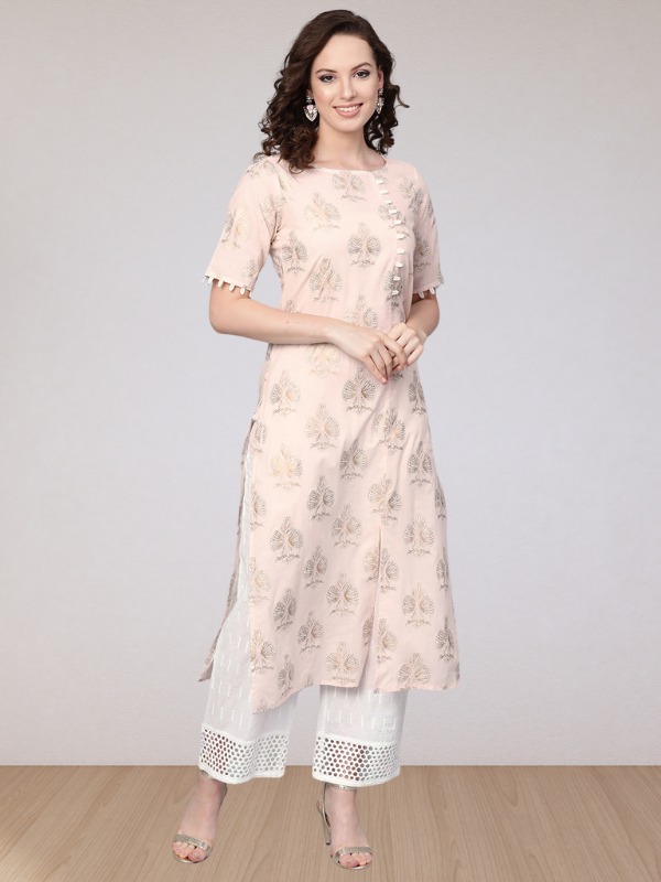 Idalia Gold Print Kurta With Schiffli Palazzo Pant