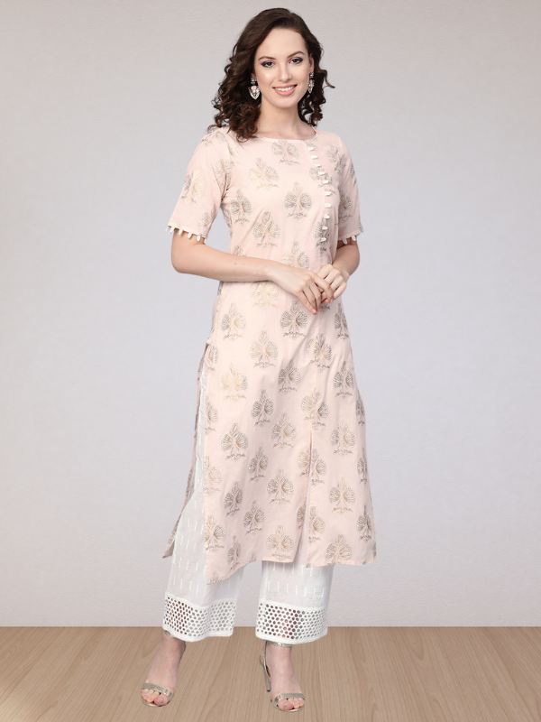 Gold Print Kurta With Schiffli Palazzo Pant