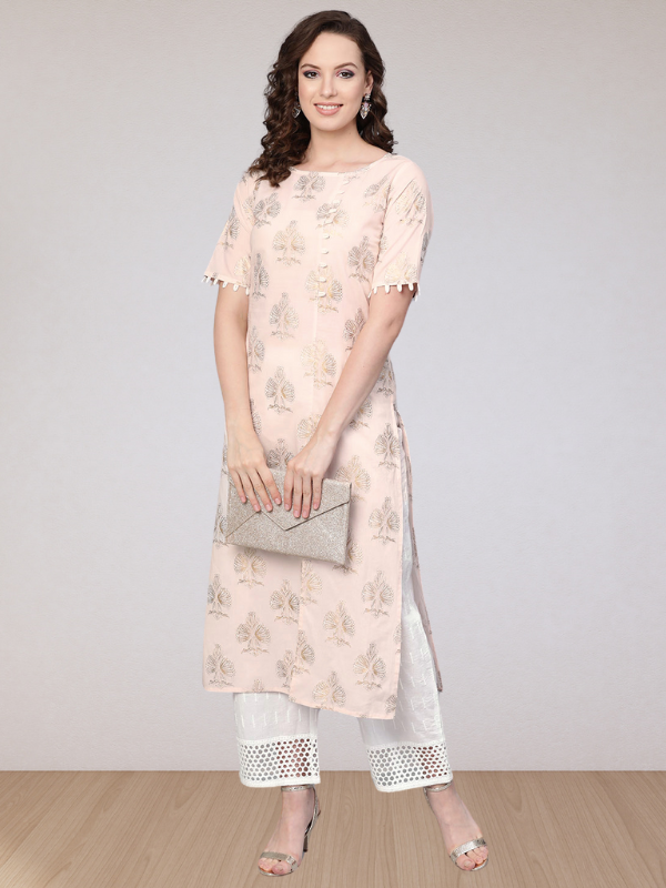 Idalia Gold Print Kurta With Schiffli Palazzo Pant