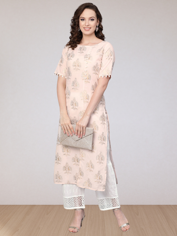 Gold Print Kurta With Schiffli Palazzo Pant