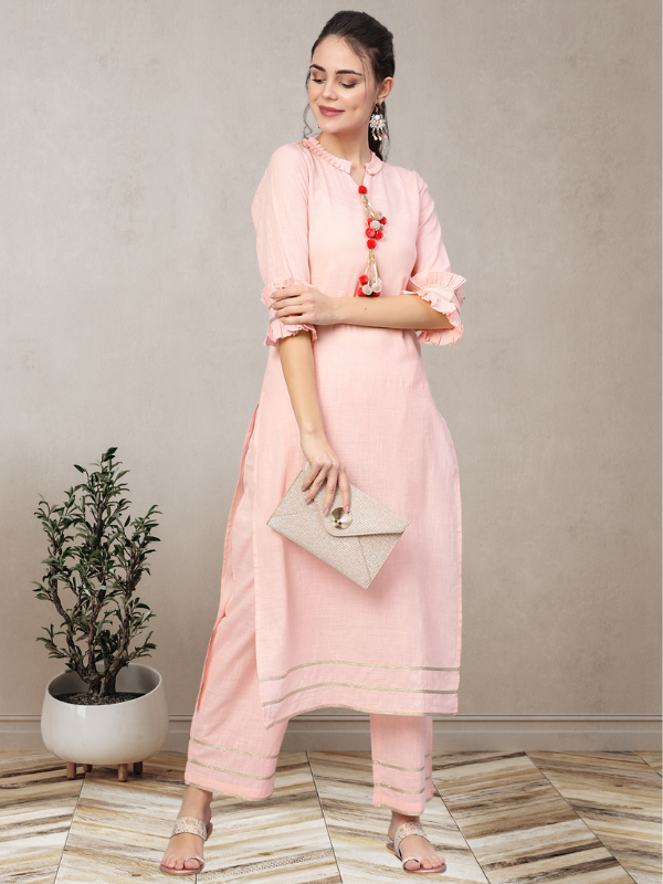 Baby Pink Solid Kurta With Palazzo Pants