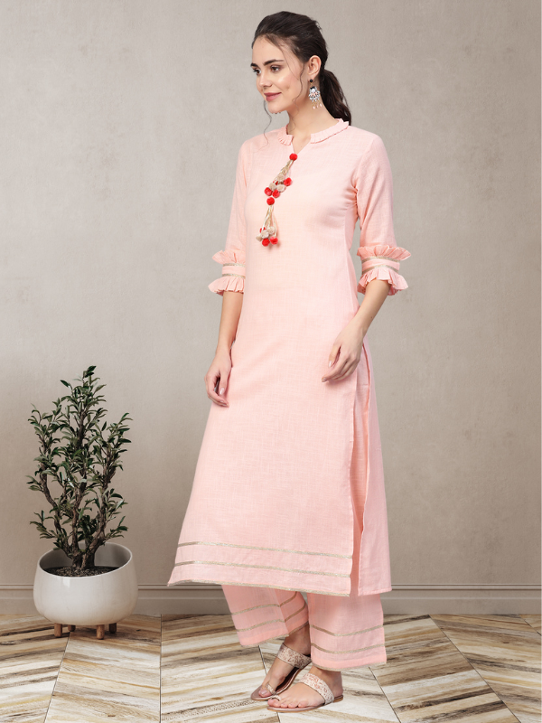 Baby Pink Solid Kurta With Palazzo Pants