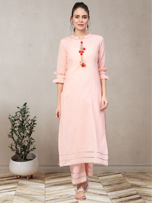 Baby Pink Solid Kurta With Palazzo Pants